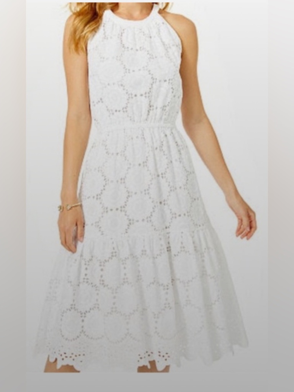 Lilly Pulitzer “Alda” White Eyelet Midi Dress W/Ruffled Bottom Women’s Size S